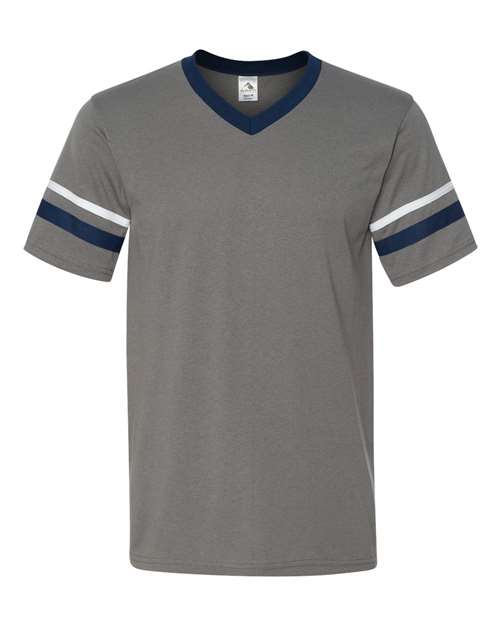 V-Neck Jersey with Striped Sleeves - Graphite/ Navy/ White