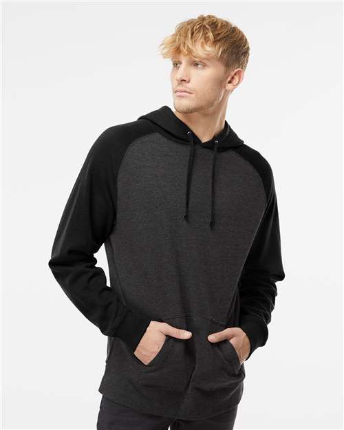 Unisex Raglan Hooded Sweatshirt - Charcoal Heather/ Black
