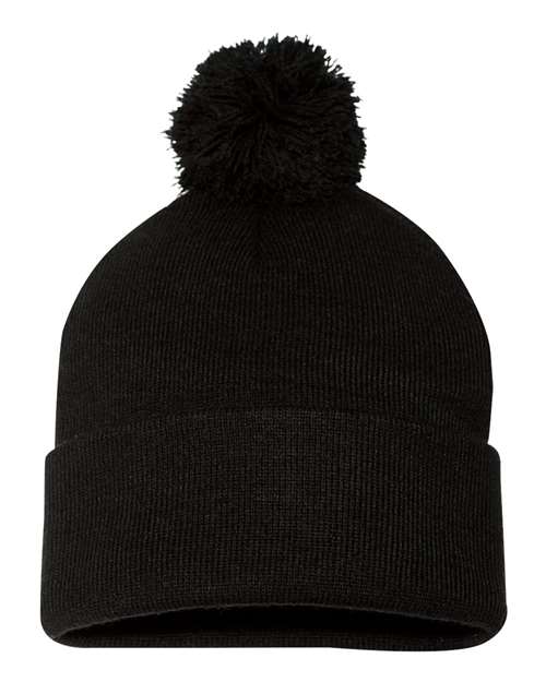 12" Pom-Pom Cuffed Beanie - Black