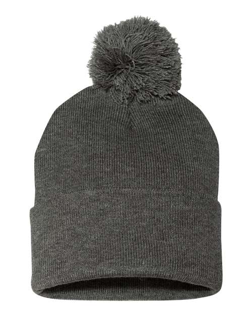 12" Pom-Pom Cuffed Beanie - Dark Heather Grey