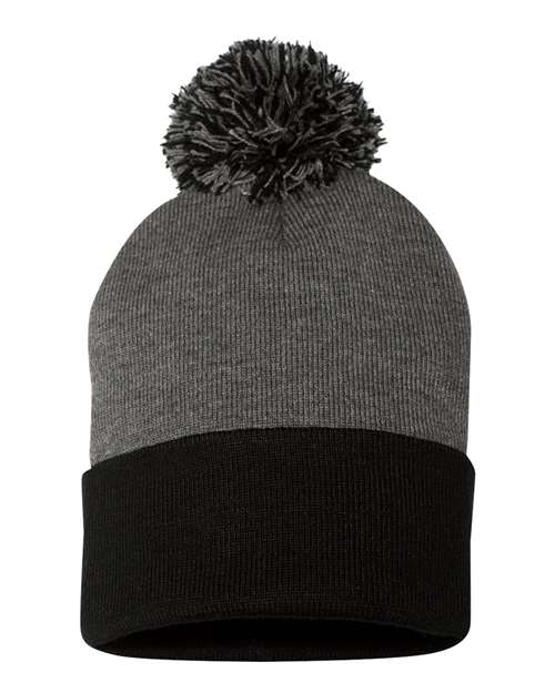 12" Pom-Pom Cuffed Beanie - Dark Heather Grey/ Black