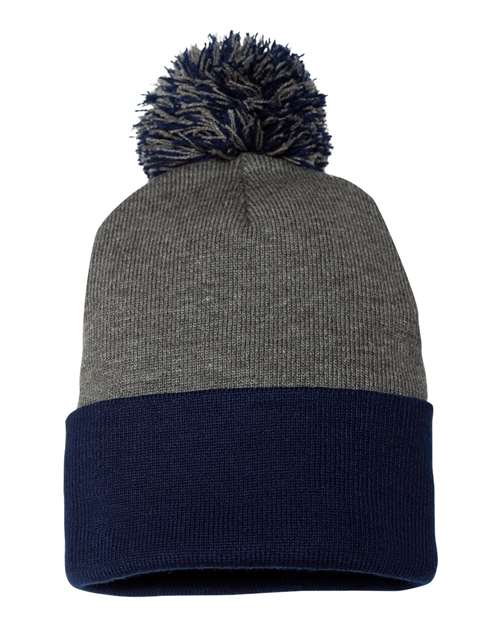 12" Pom-Pom Cuffed Beanie - Dark Heather Grey/ Navy