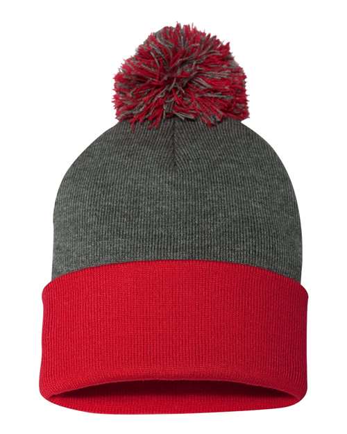 12" Pom-Pom Cuffed Beanie - Dark Heather Grey/ Red