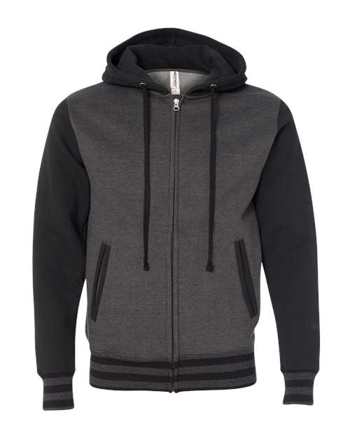 Unisex Heavyweight Varsity Full-Zip Hooded Sweatshirt - Charcoal Heather/ Black