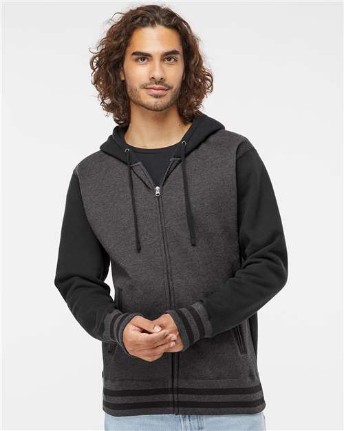 Unisex Heavyweight Varsity Full-Zip Hooded Sweatshirt - Charcoal Heather/ Black