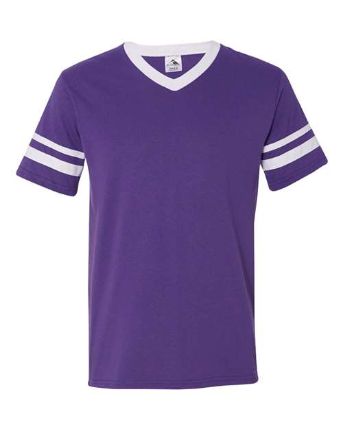 V-Neck Jersey with Striped Sleeves - Purple/ White