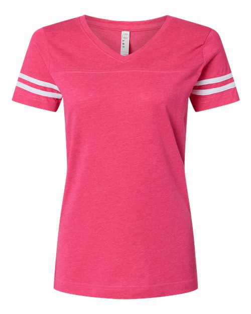 Women's Football V-Neck Fine Jersey Tee - Vintage Hot Pink/ White