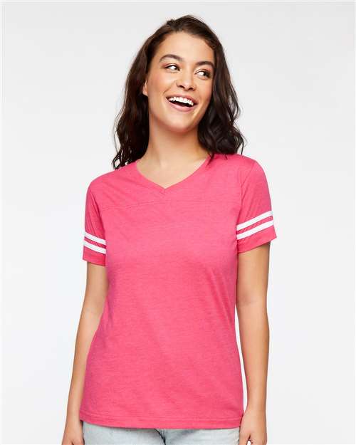 Women's Football V-Neck Fine Jersey Tee - Vintage Hot Pink/ White