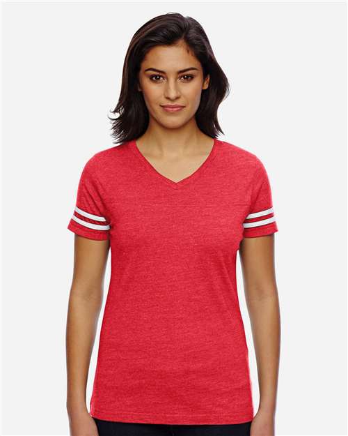 Women's Football V-Neck Fine Jersey Tee - Vintage Red/ White