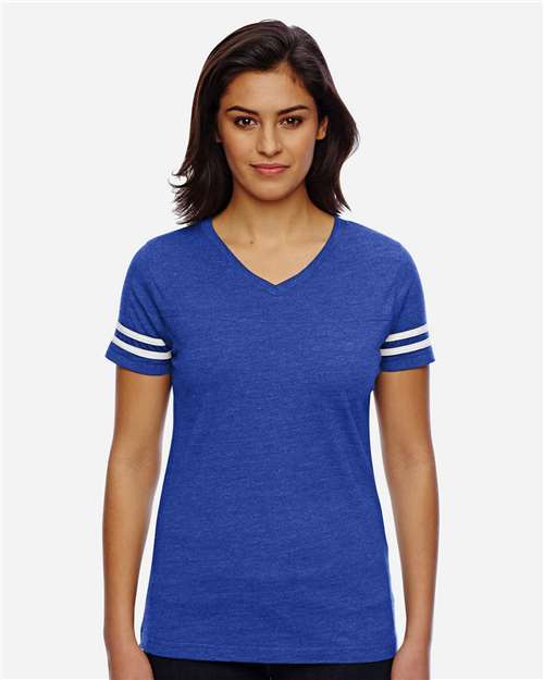 Women's Football V-Neck Fine Jersey Tee - Vintage Royal/ White