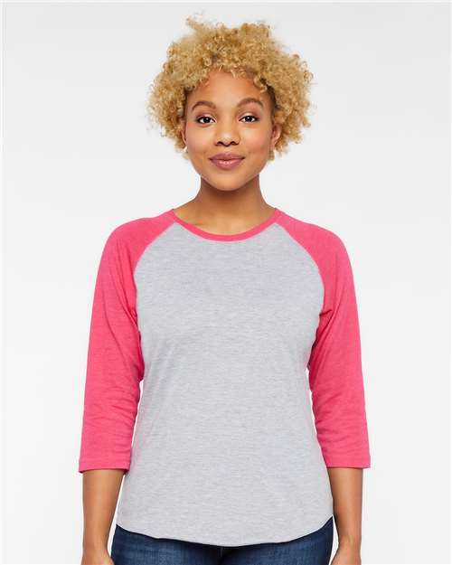 Women's Baseball Fine Jersey Three-Quarter Sleeve Tee - Vintage Heather/ Vintage Hot Pink