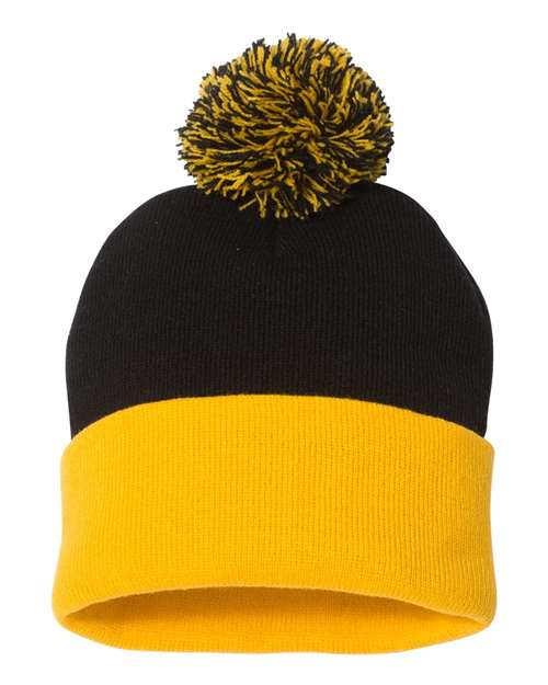 12" Pom-Pom Cuffed Beanie - Black/ Gold