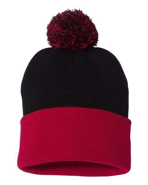 12" Pom-Pom Cuffed Beanie - Black/ Red