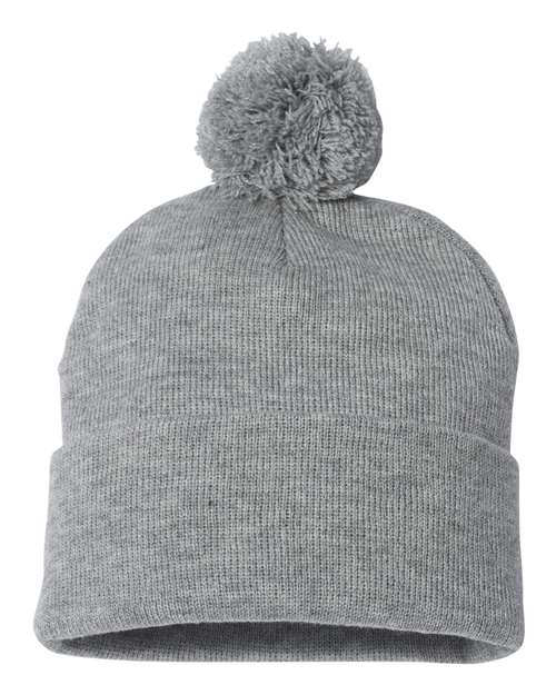 12" Pom-Pom Cuffed Beanie - Light Heather Grey