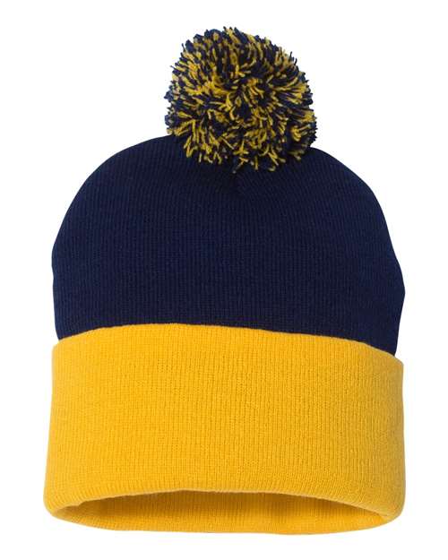 12" Pom-Pom Cuffed Beanie - Navy/ Gold