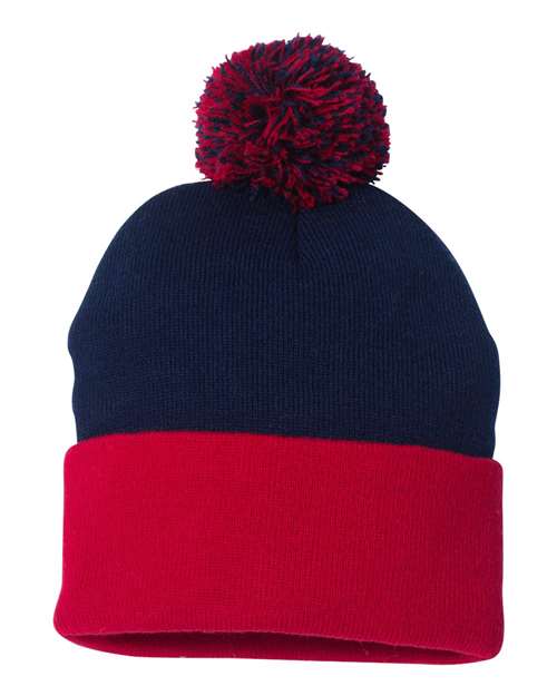 12" Pom-Pom Cuffed Beanie - Navy/ Red