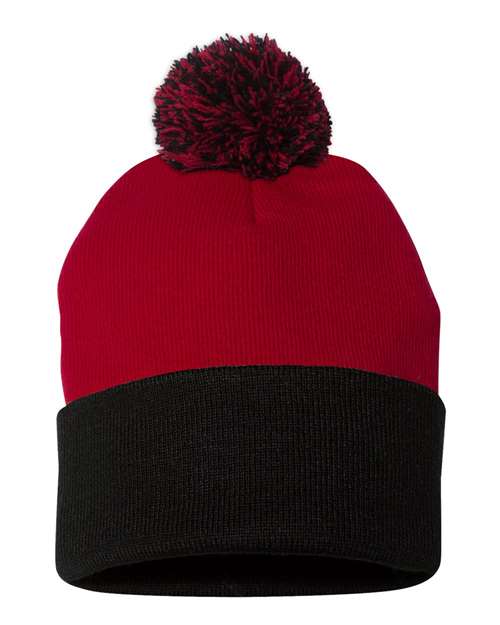 12" Pom-Pom Cuffed Beanie - Red/ Black