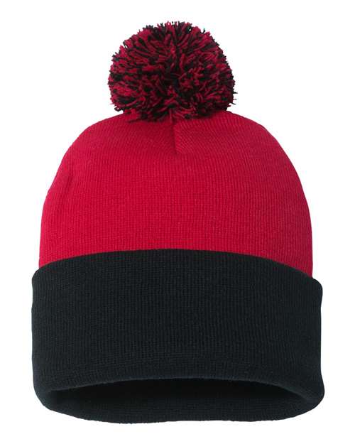 12" Pom-Pom Cuffed Beanie - Red/ Black