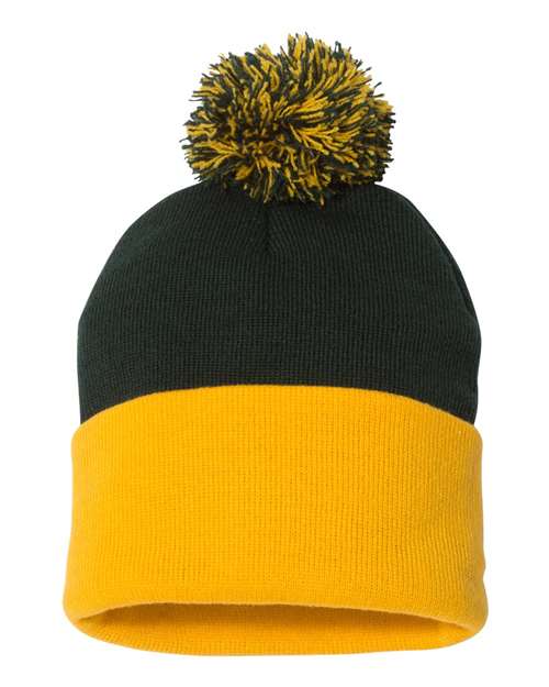 12" Pom-Pom Cuffed Beanie - Forest/ Gold