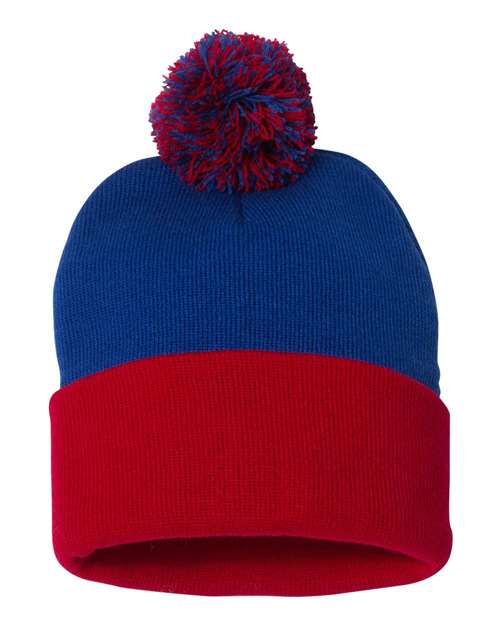 12" Pom-Pom Cuffed Beanie - Royal/ Red