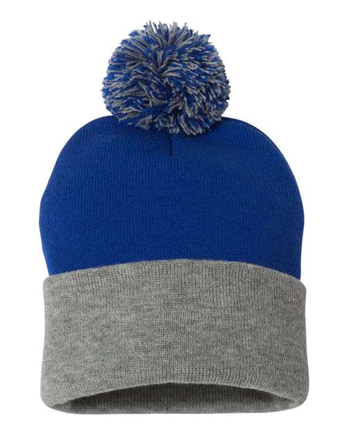 12" Pom-Pom Cuffed Beanie - Royal/ Light Heather Grey