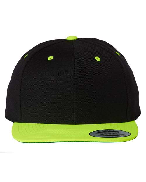 Premium Flat Bill Snapback Cap - Black/ Neon Green