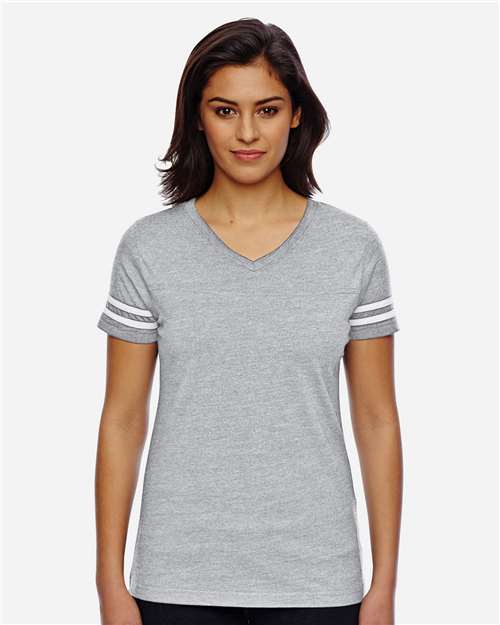 Women's Football V-Neck Fine Jersey Tee - Vintage Heather/ White