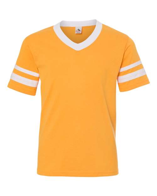 Youth V-Neck Jersey with Striped Sleeves - Gold/ White