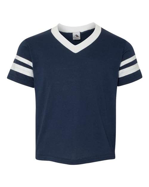Youth V-Neck Jersey with Striped Sleeves - Navy/ White