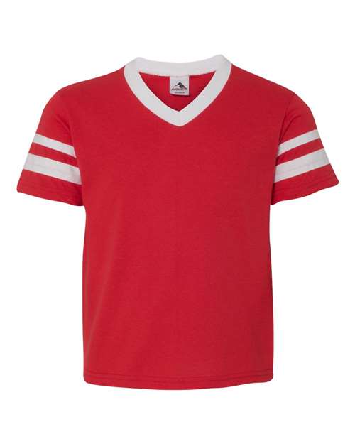 Youth V-Neck Jersey with Striped Sleeves - Red/ White