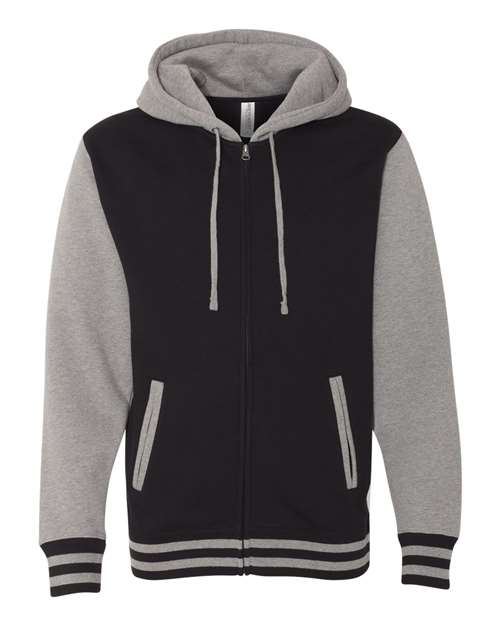 Unisex Heavyweight Varsity Full-Zip Hooded Sweatshirt - Black/ Gunmetal Heather
