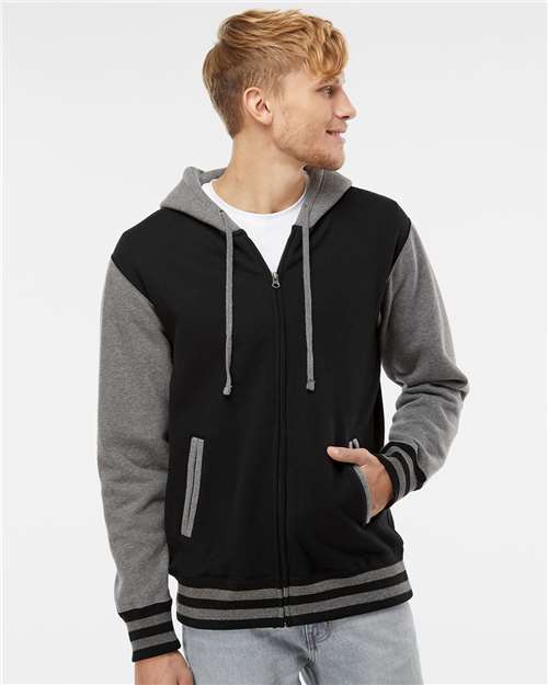 Unisex Heavyweight Varsity Full-Zip Hooded Sweatshirt - Black/ Gunmetal Heather