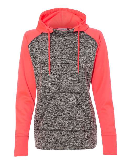 Women’s Colorblocked Cosmic Fleece Hooded Sweatshirt - Charcoal Fleck/ Fire Coral
