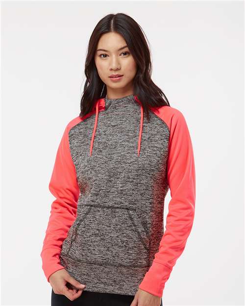 Women’s Colorblocked Cosmic Fleece Hooded Sweatshirt - Charcoal Fleck/ Fire Coral