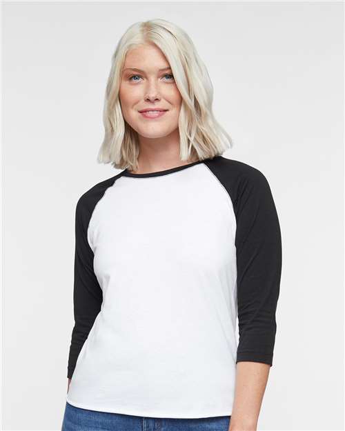 Women's Baseball Fine Jersey Three-Quarter Sleeve Tee - White Solid/ Black