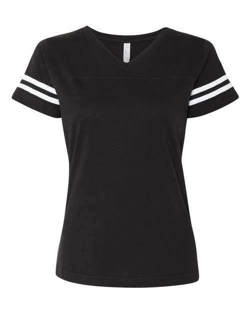 Women's Football V-Neck Fine Jersey Tee - Black Solid/ White