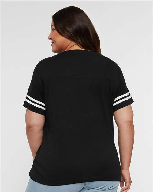 Women's Football V-Neck Fine Jersey Tee - Black Solid/ White