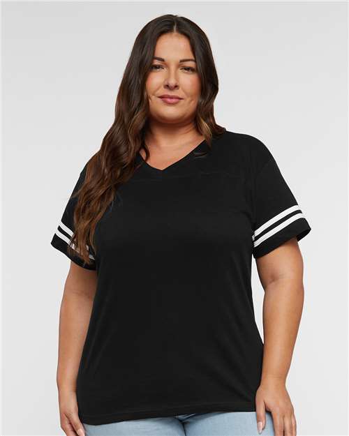 Women's Football V-Neck Fine Jersey Tee - Black Solid/ White