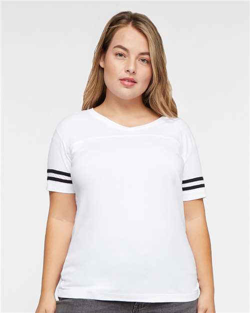 Women's Football V-Neck Fine Jersey Tee - White Solid/ Black