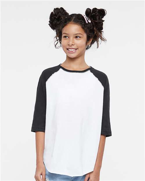 Youth Baseball Fine Jersey Three-Quarter Sleeve Tee - White Solid/ Black