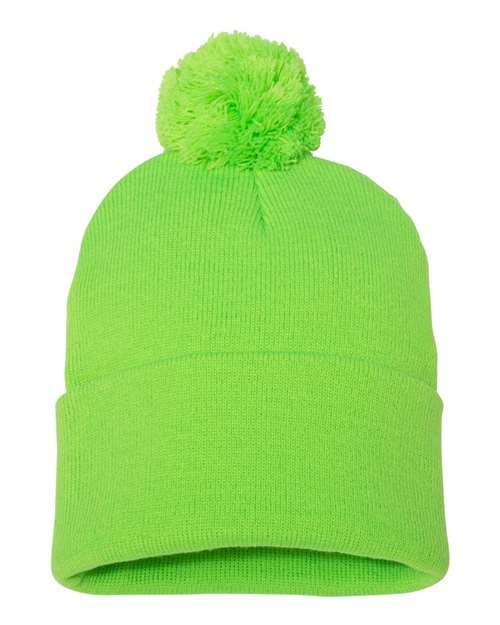 12" Pom-Pom Cuffed Beanie - Neon Green