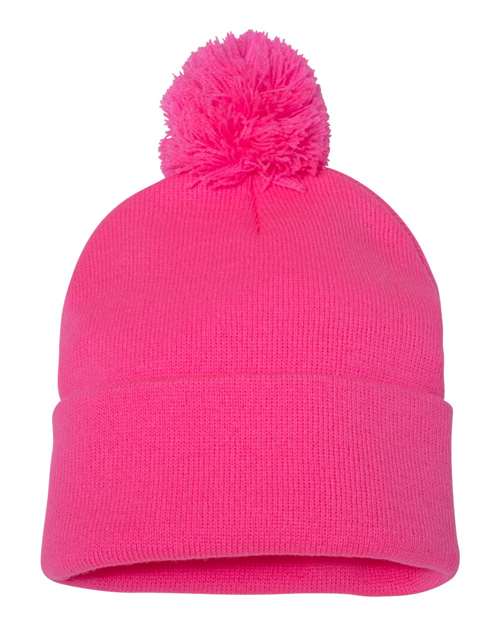 12" Pom-Pom Cuffed Beanie - Neon Pink