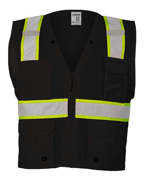Unisex EV Series® Enhanced Visibility Multi-Pocket Mesh Vest - Black/ Lime - B100