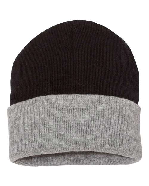 12" Color Blocked Cuffed Beanie - Black/ Heather