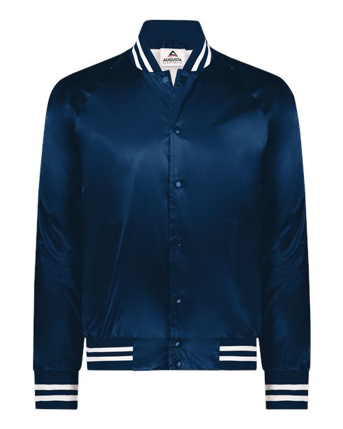 Unisex Satin Baseball Jacket Striped Trim - Navy/ White
