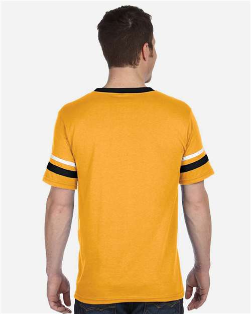 V-Neck Jersey with Striped Sleeves - Gold/ Black/ White