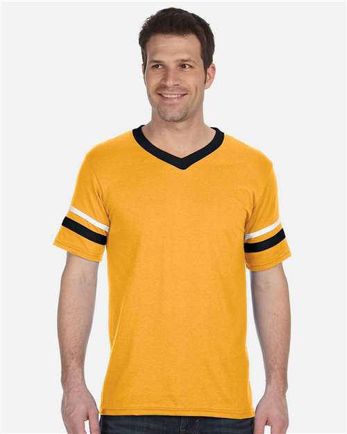 V-Neck Jersey with Striped Sleeves - Gold/ Black/ White