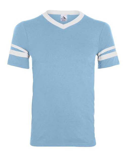 V-Neck Jersey with Striped Sleeves - Light Blue/ White