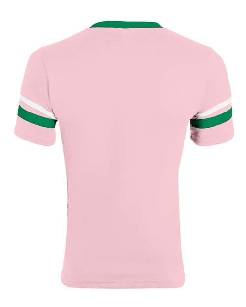 V-Neck Jersey with Striped Sleeves - Light Pink/ Kelly/ White