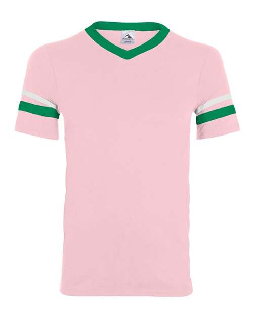 V-Neck Jersey with Striped Sleeves - Light Pink/ Kelly/ White